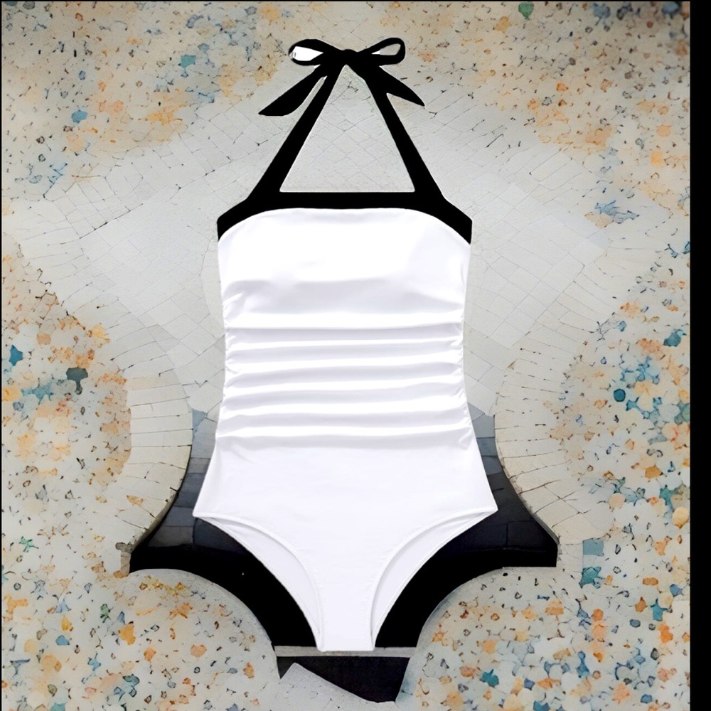 Sexy Tummy Control W/Ruching Vintage Square Neck Halter Tube Top Swimsuit 1Pc
